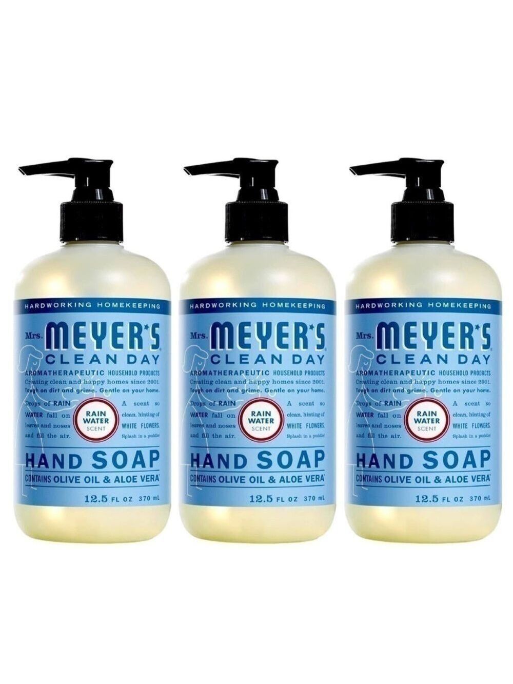 NWT MRS. MEYER'S 3 BOTTLES RAIN WATER CLEAN DAY Full Size LIQUID PUMP HAND SOAPS
